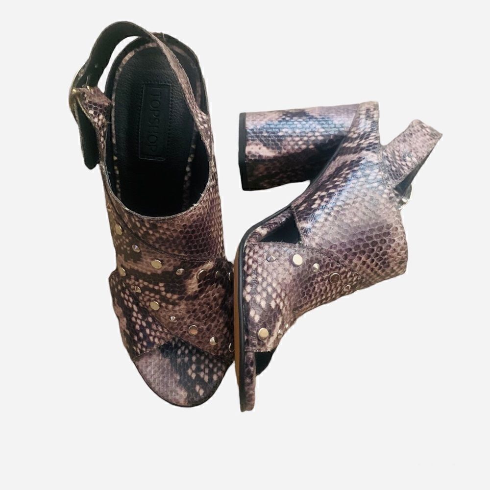 TopShop Brown Embellished Snakeskin Print Block Heel Sandals Size 38